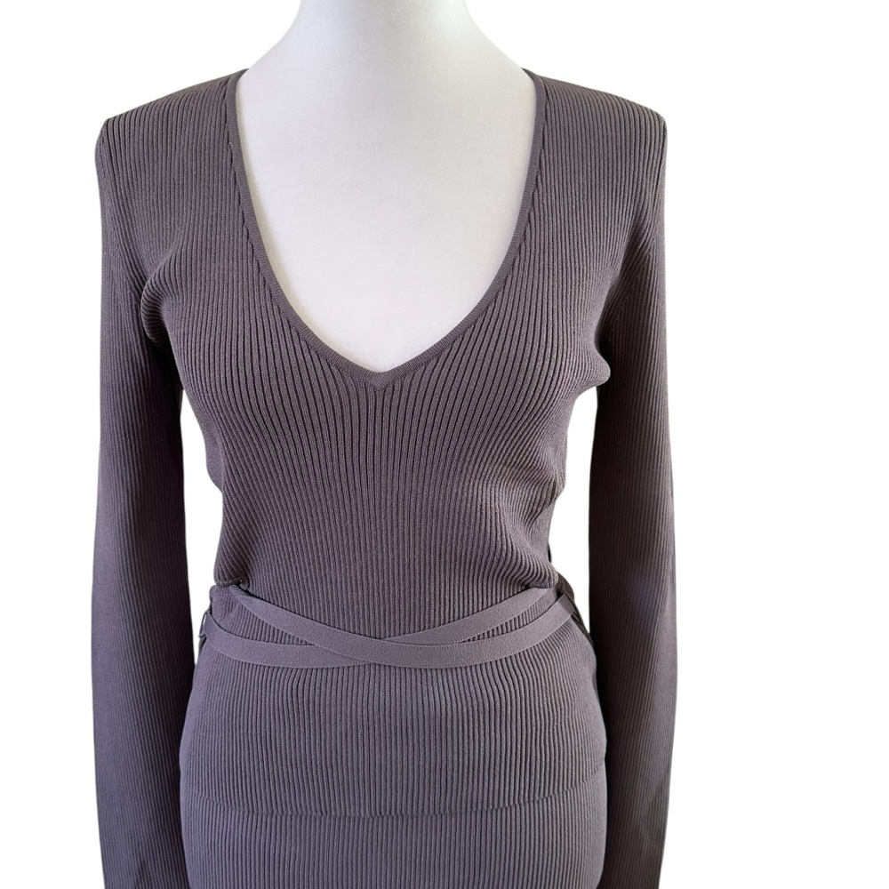 Zara Gray Ribbed Knit 2 Piece Skirt & Top Set With Side Opening & Tie Size NWOT - Picture 2 of 10